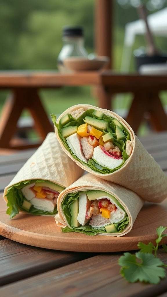 Three savory wraps filled with fresh vegetables and chicken, arranged on a wooden platter.