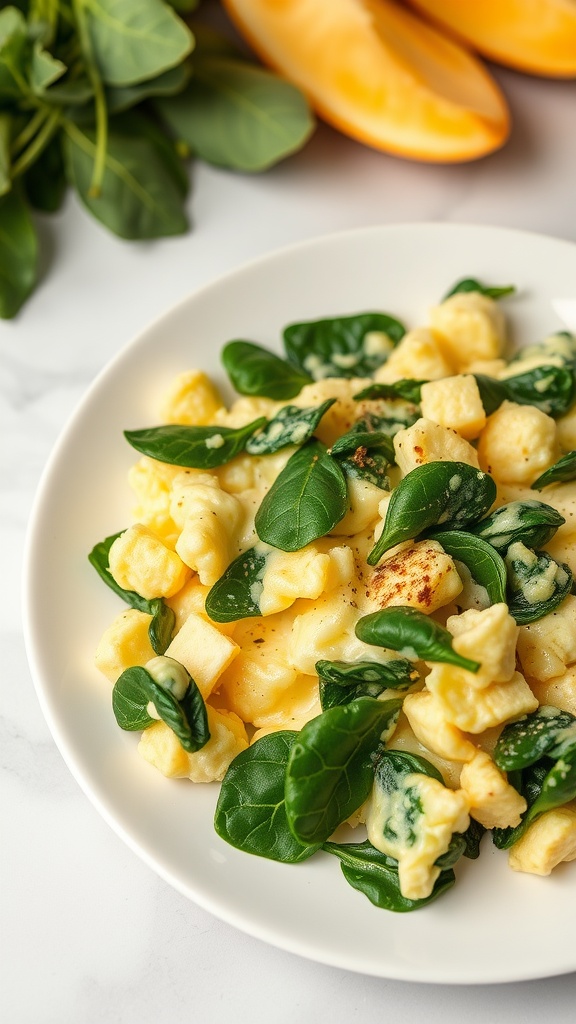 A plate of scrambled eggs with spinach, garnished with fresh greens.