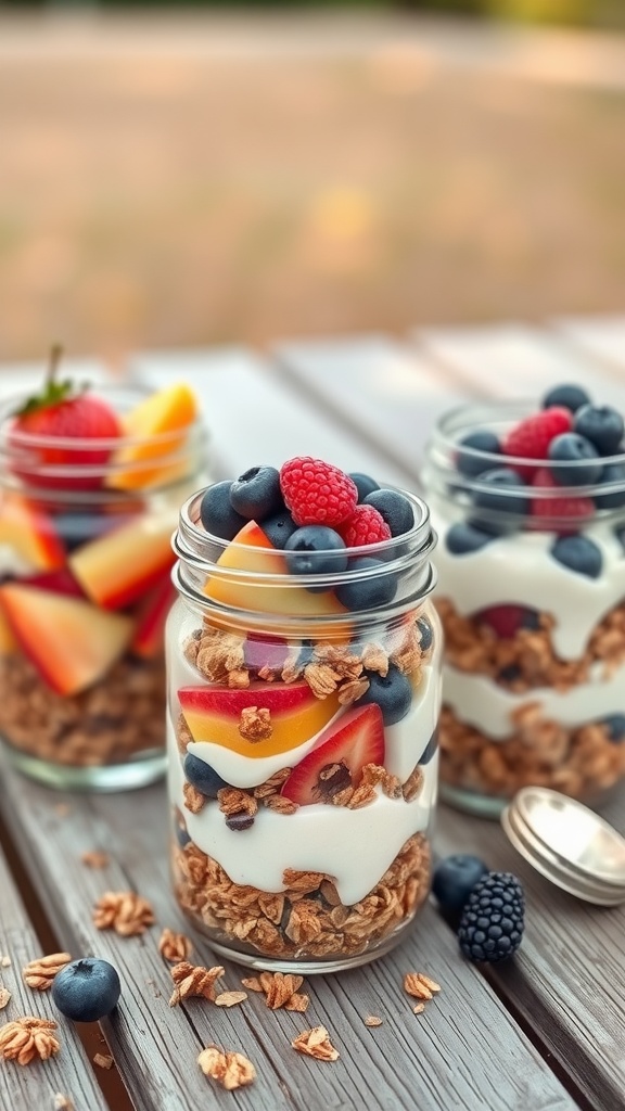 A close-up of delicious yogurt parfaits with layers of yogurt, granola, and various seasonal fruits.