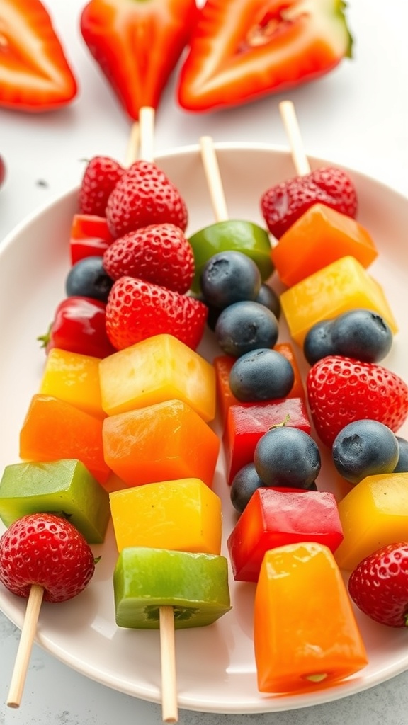 Colorful fruit skewers with strawberries, blueberries, pineapple, cantaloupe, and green grapes on a plate.