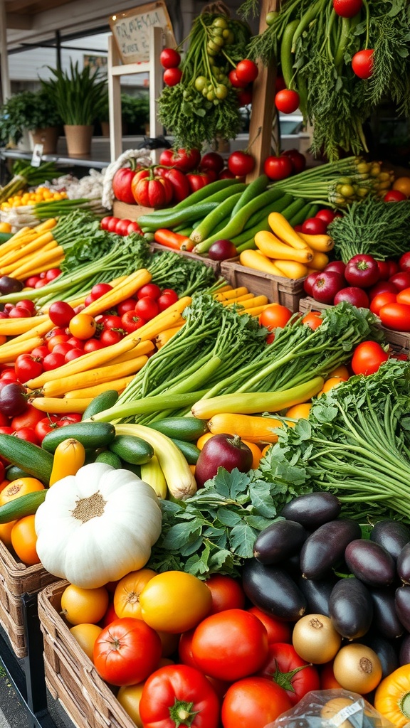 A colorful display of seasonal vegetables and fruits at a market.