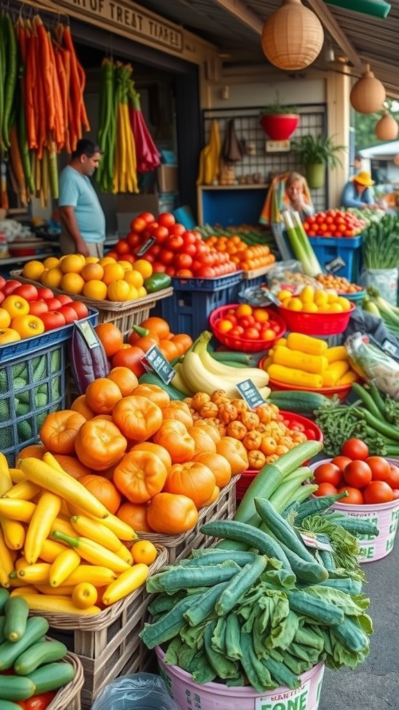 A vibrant market filled with colorful fruits and vegetables, showcasing seasonal produce.