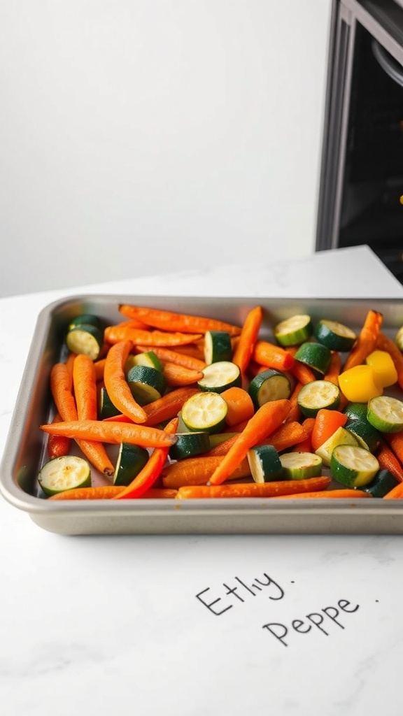 A tray of colorful chopped vegetables including carrots, zucchini, and bell peppers, ready for roasting.