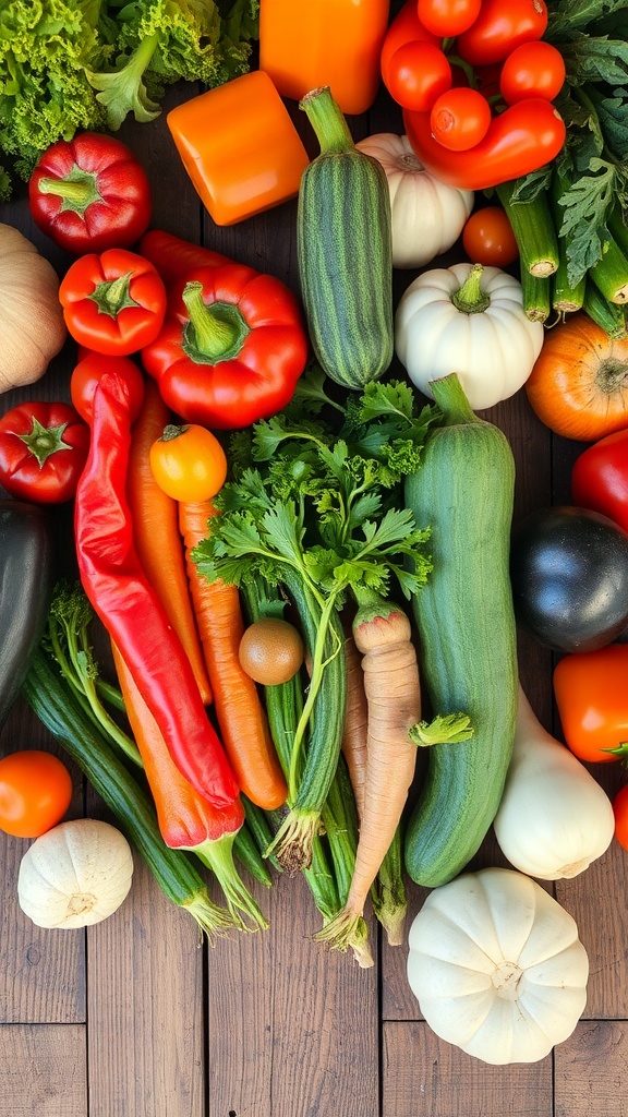 A colorful assortment of seasonal vegetables on a kitchen counter.
