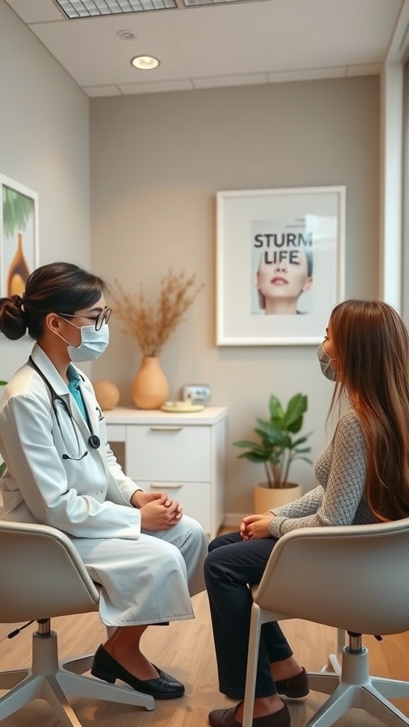 A doctor in a white coat discussing skincare with a client in a cozy office setting.