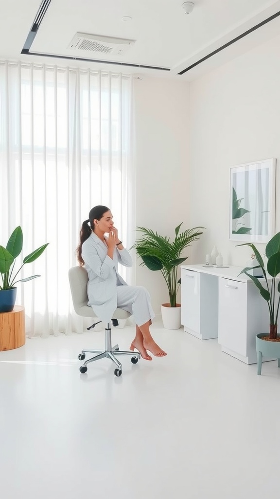 A woman sitting in a bright, modern office with plants, looking thoughtful as she considers skincare options.