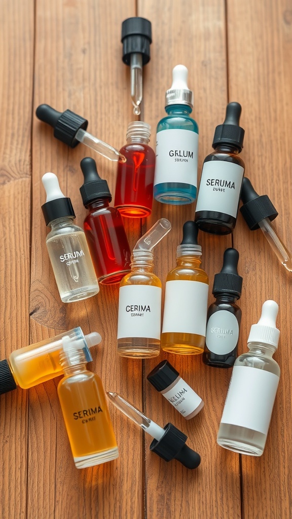 A selection of various skincare serums arranged on a wooden surface.