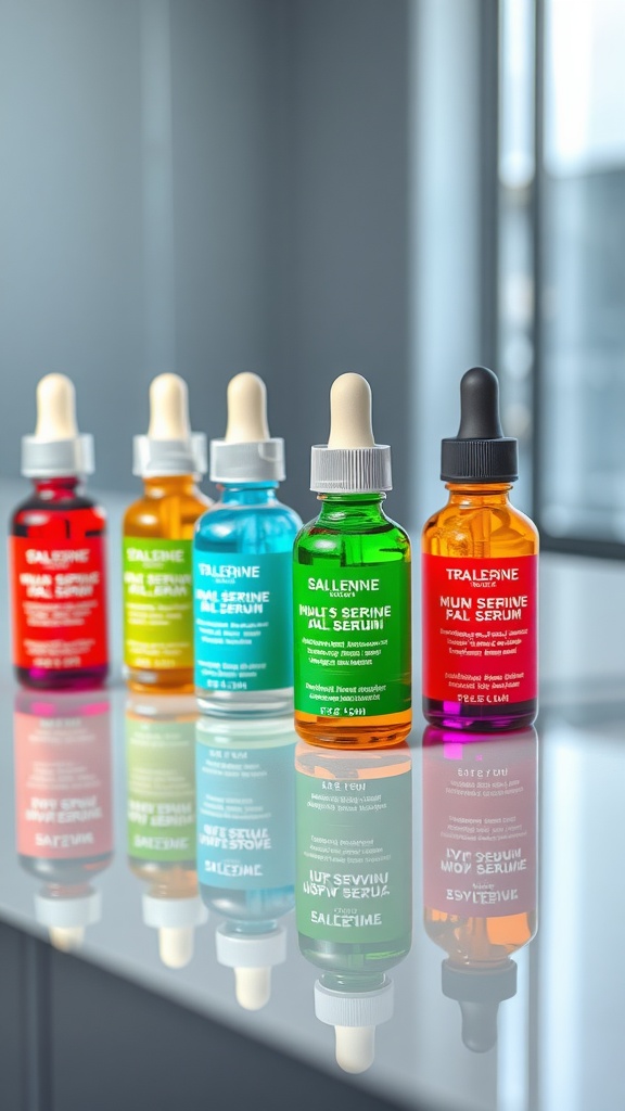 A collection of colorful skincare serums on a reflective surface.