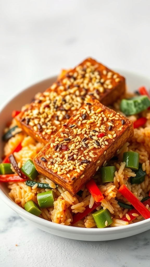 A bowl of sesame crusted tofu served over colorful stir-fried rice with vegetables.