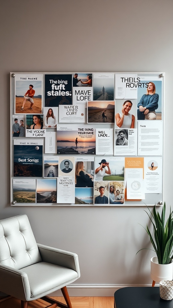 A vision board filled with motivational quotes and images, alongside a cozy chair and a plant in a bright room.