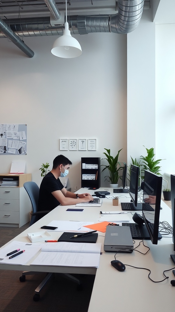A person working at a desk with computers and paperwork, surrounded by plants.