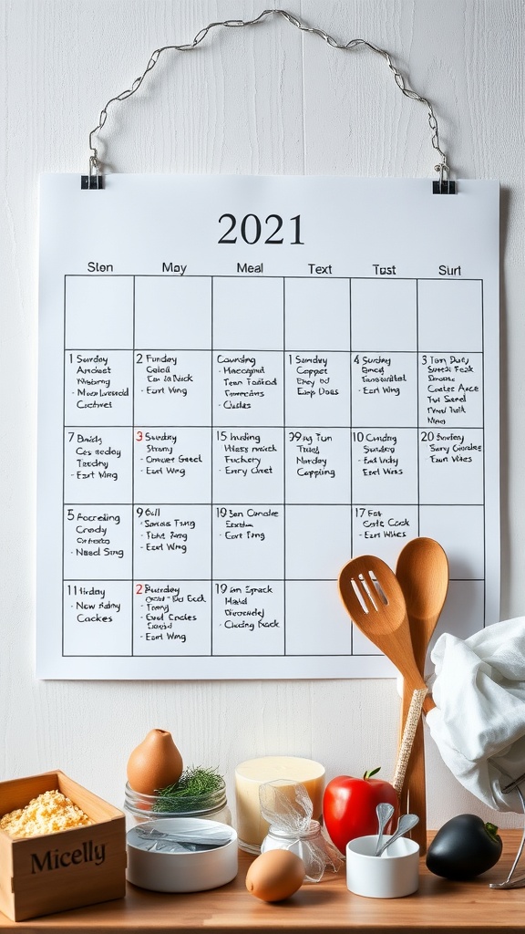 A calendar for meal planning with various meal ideas and ingredients on a wooden table.