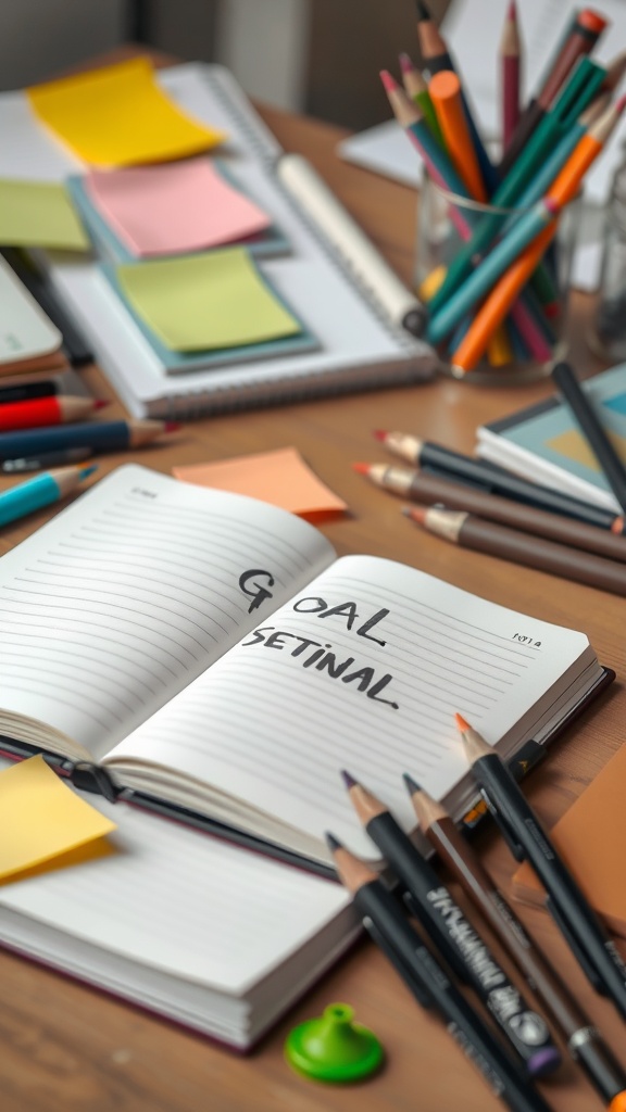 A workspace filled with notebooks, sticky notes, and pens, featuring a notebook with 'GOAL' written in bold.