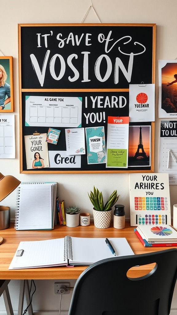A workspace with a vision board, motivational notes, and a neat desk setup.