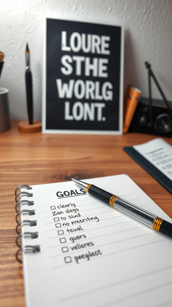 A notebook with a goals list and a pen beside it, symbolizing goal setting.