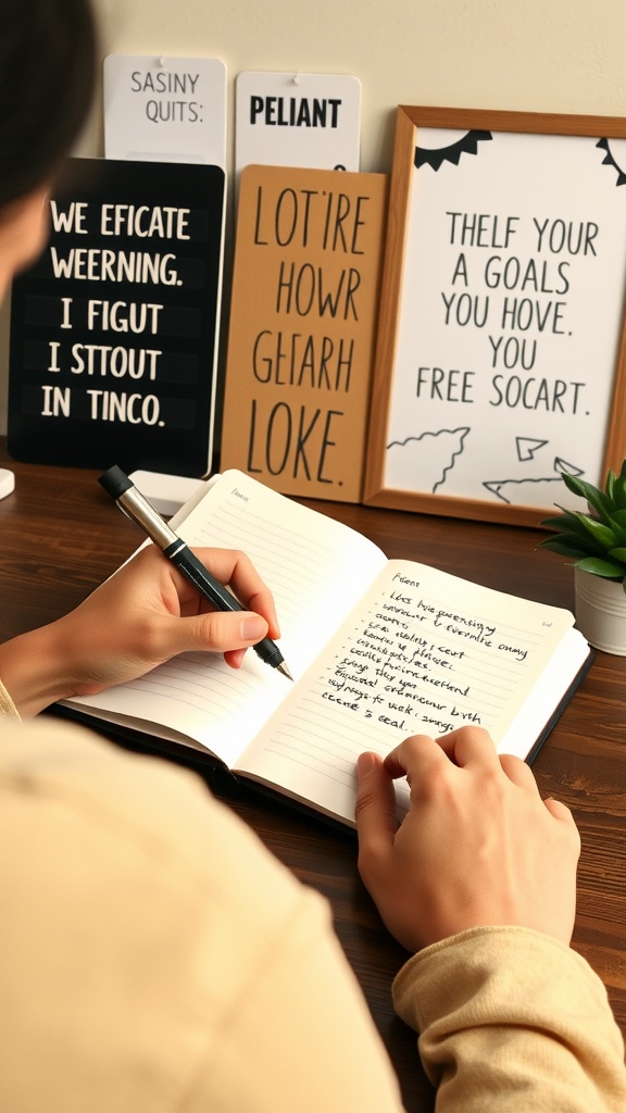 A person writing in a notebook with motivational quotes in the background