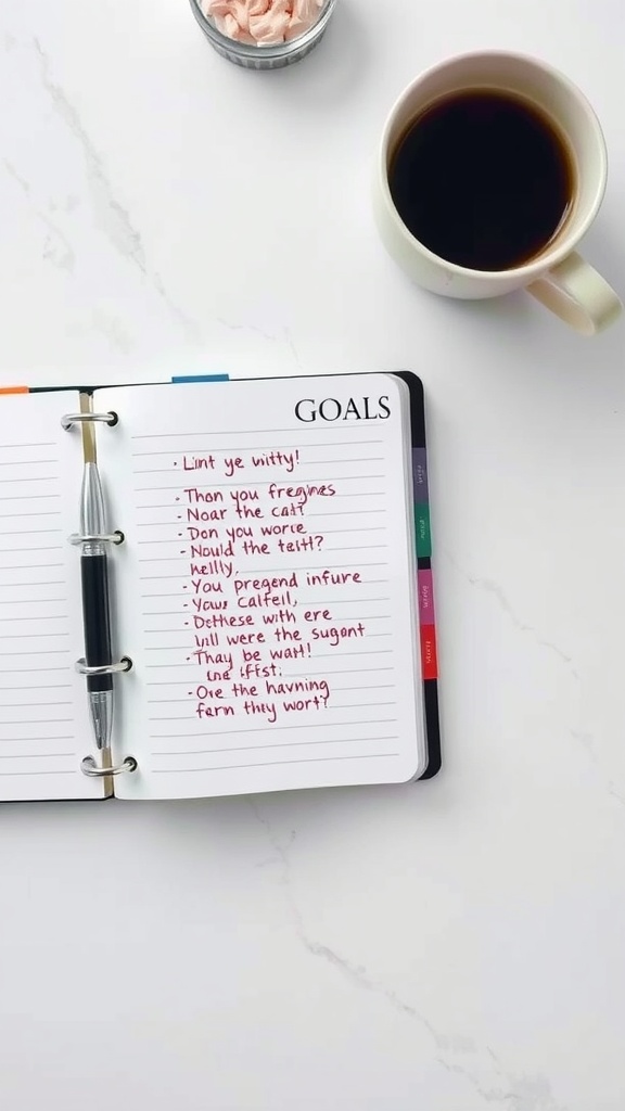 A planner opened to a page titled 'GOALS' with handwritten notes and a coffee cup beside it.