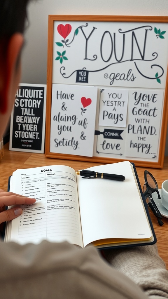 A person writing in a planner with goal-setting quotes displayed in the background.