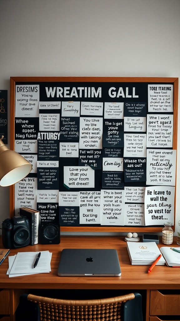 A creative vision board filled with motivational quotes and reminders, set up on a desk with a laptop and camera.