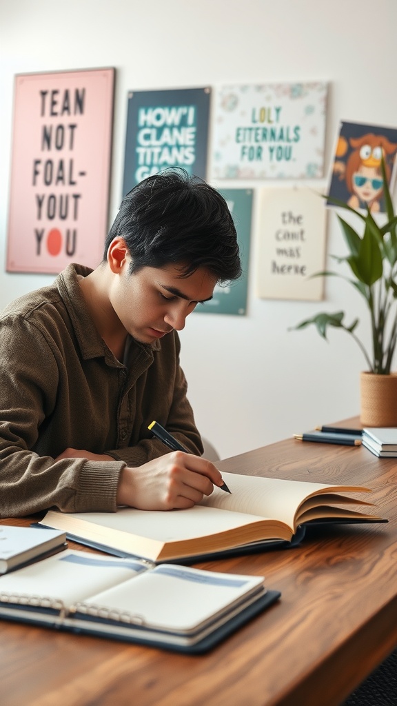 A young person writing in a notebook at a desk with motivational posters on the wall.