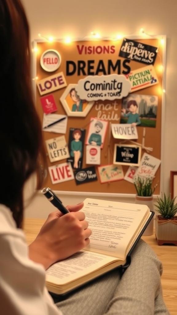 A person writing in a notebook with a vision board in the background, filled with inspiring images and words.