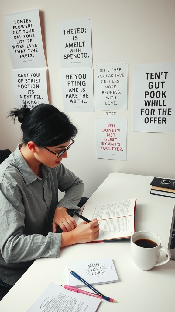 A person sitting at a desk with motivational quotes on the wall, writing in a notebook with a cup of coffee beside them.