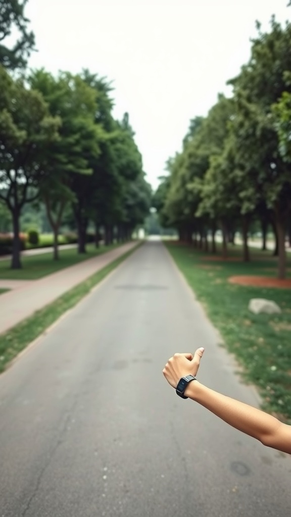 A hand giving a thumbs up with a fitness watch, symbolizing positivity and readiness on a fitness journey.