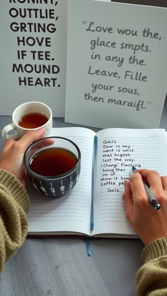 A person writing in a notebook with coffee, surrounded by motivational quotes.