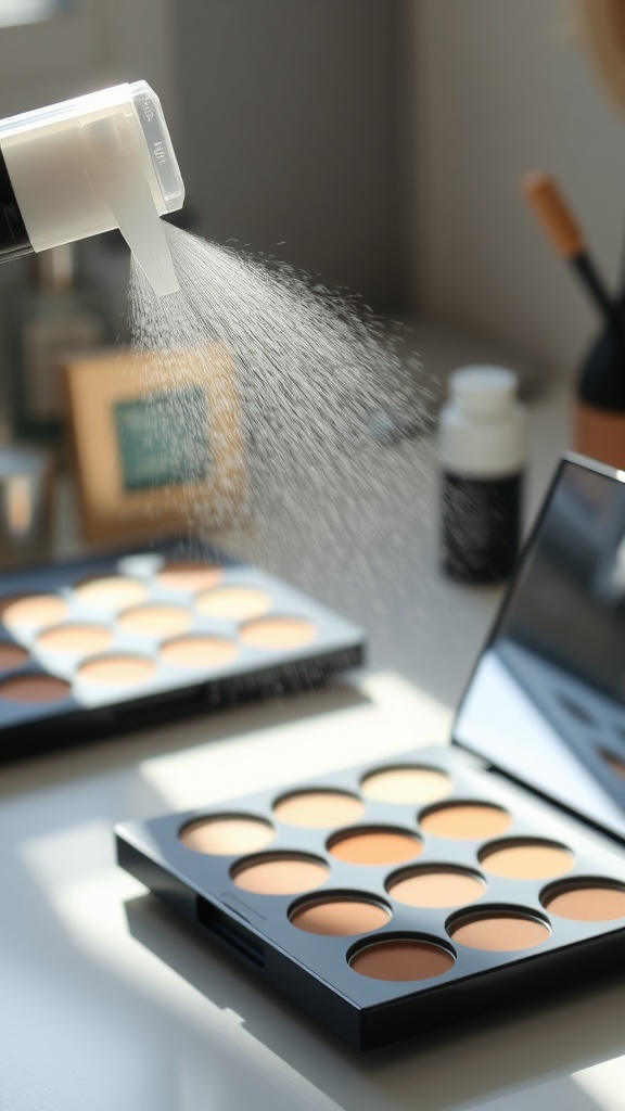 A spray bottle releasing a fine mist over a makeup palette with creamy shades.