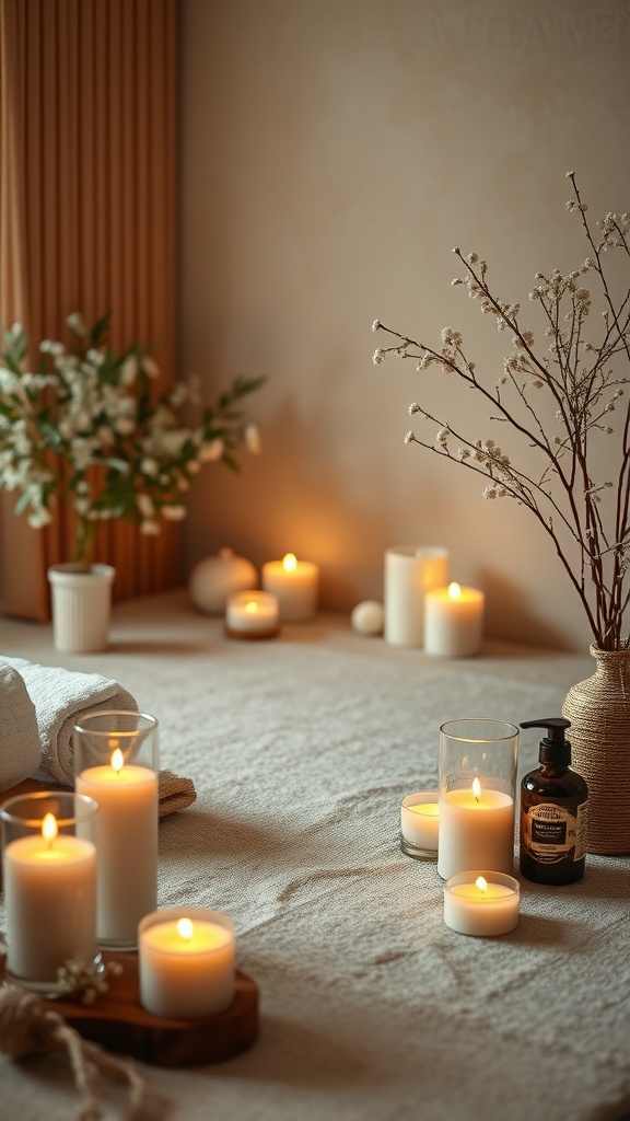 A cozy skincare setup with candles, flowers, and a calming atmosphere.