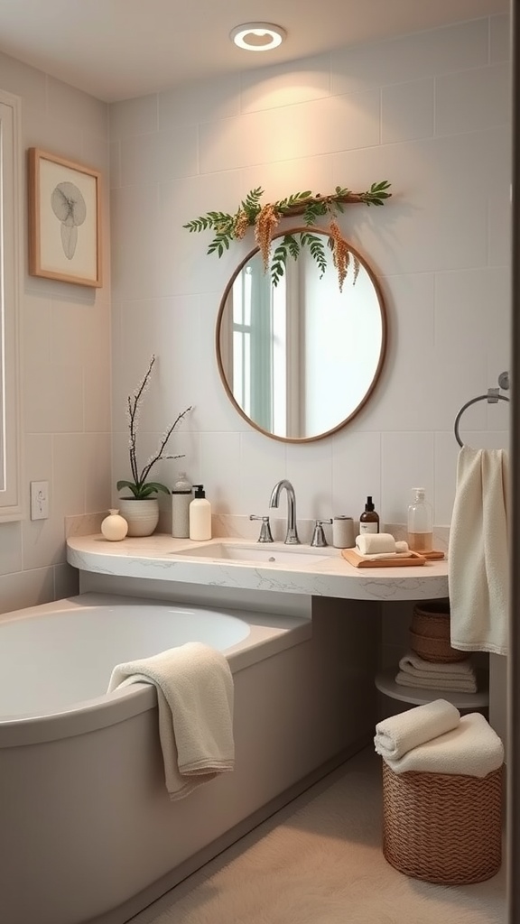 A serene bathroom setup featuring a round mirror, natural decor, and neatly organized skincare products.