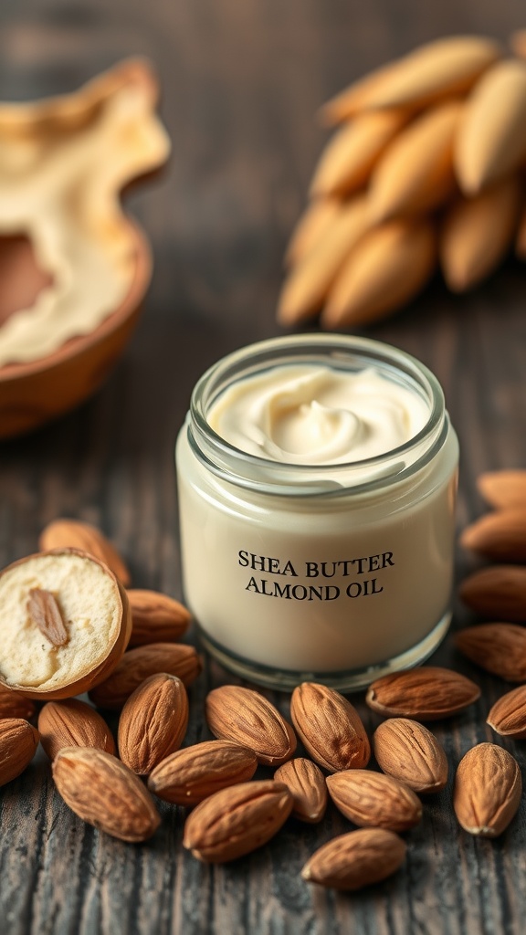 A jar of shea butter and almond oil cream surrounded by almonds and shea nuts on a wooden surface.