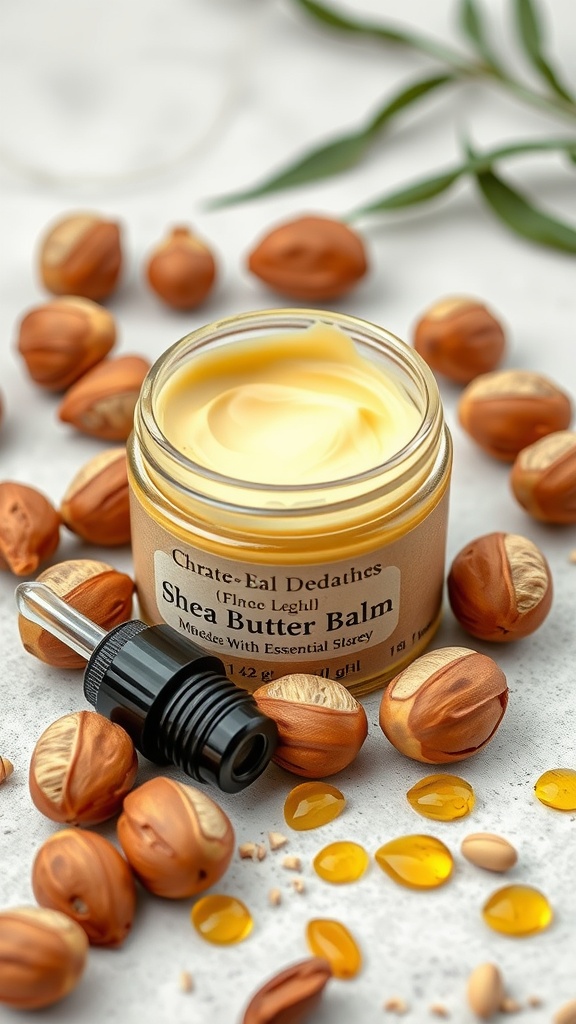 Shea butter balm in a jar with shea nuts and essential oils around it.