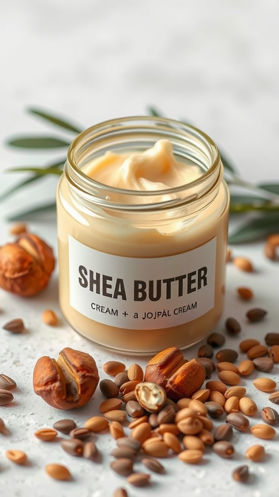 A jar of shea butter cream surrounded by shea nuts and seeds
