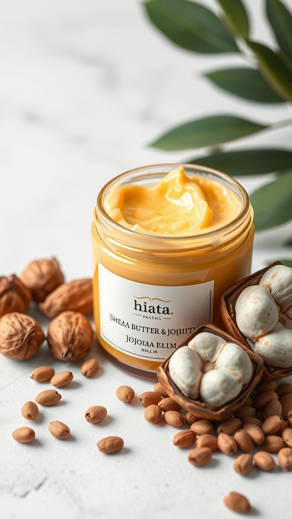 Jar of shea butter and jojoba oil body balm with shea nuts and jojoba seeds.
