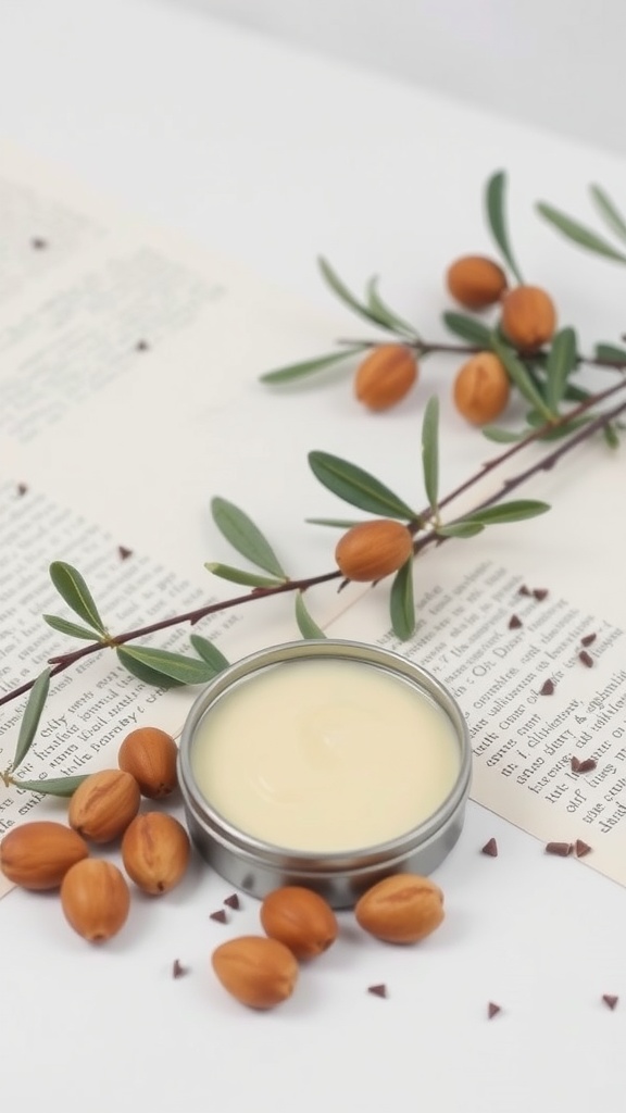 A silver tin of shea butter balm surrounded by olive branches and nuts on a white background