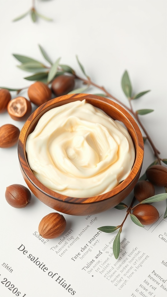 A wooden bowl filled with creamy shea butter and olive oil moisturizer, surrounded by nuts and leaves.
