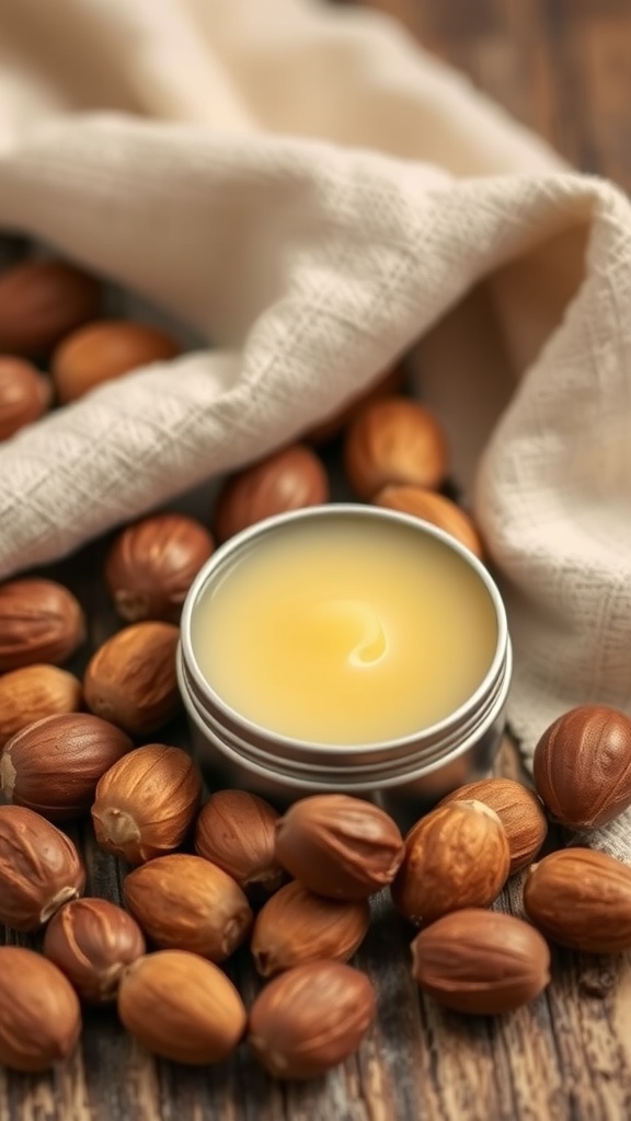 A small tin of shea butter lip balm surrounded by shea nuts.