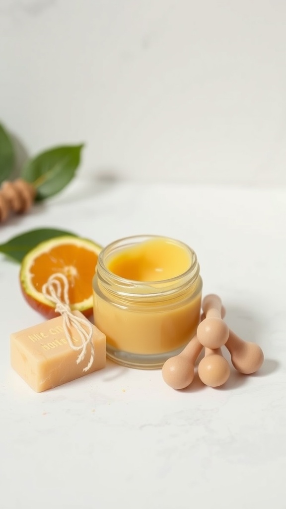 A jar of homemade shea butter lip balm surrounded by an orange slice, a soap bar, and small wooden applicators on a marble background.