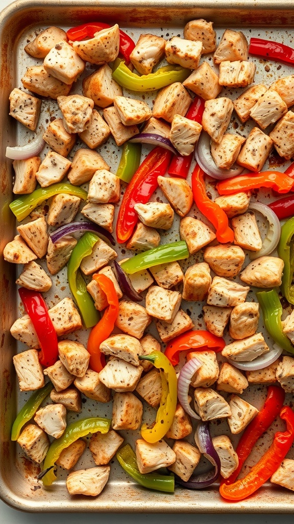 A sheet pan filled with chicken pieces and colorful bell peppers and onions, ready to be served as fajitas.