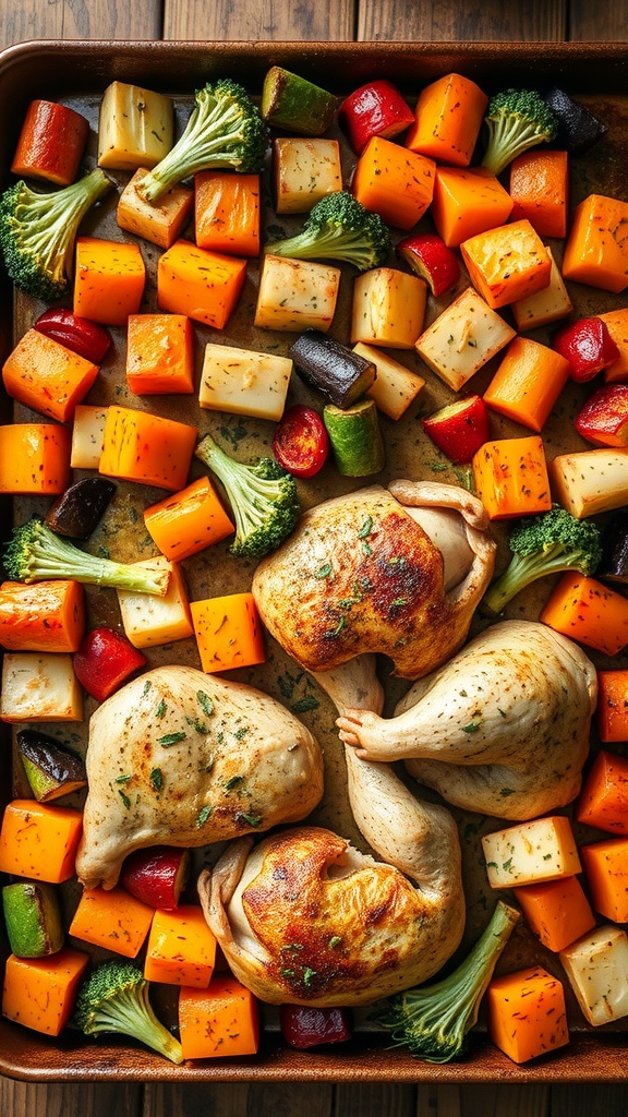 A colorful sheet pan dinner featuring roasted chicken thighs and a variety of vegetables.