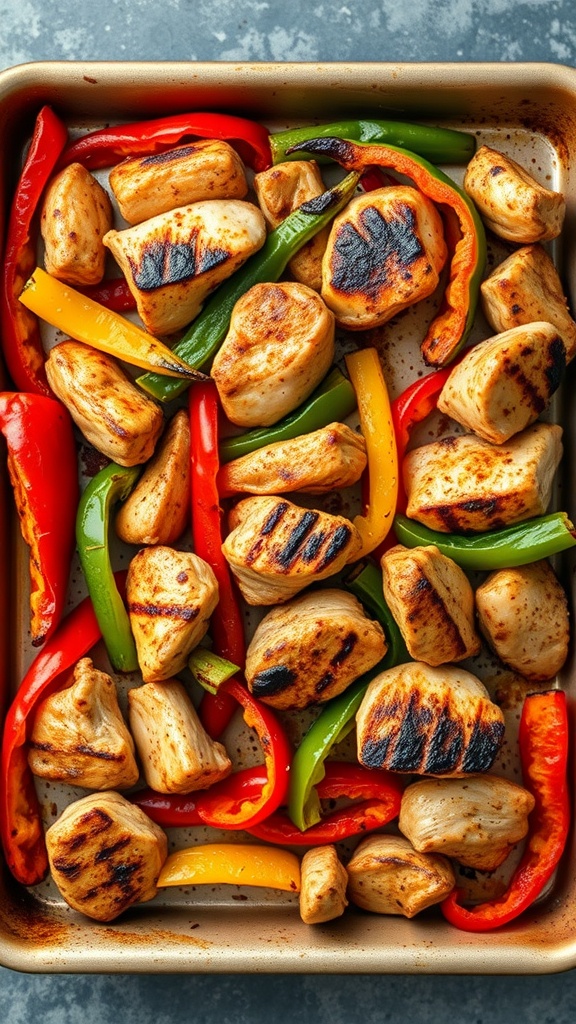A colorful dish of sheet pan fajitas with chicken, bell peppers, and onions.