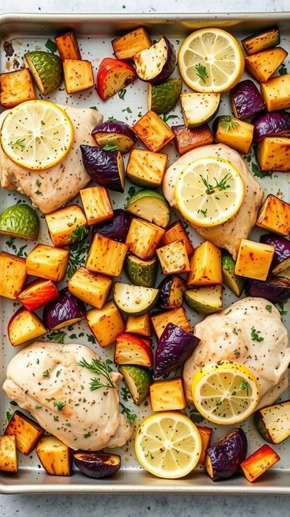 Sheet pan lemon herb chicken with colorful vegetables
