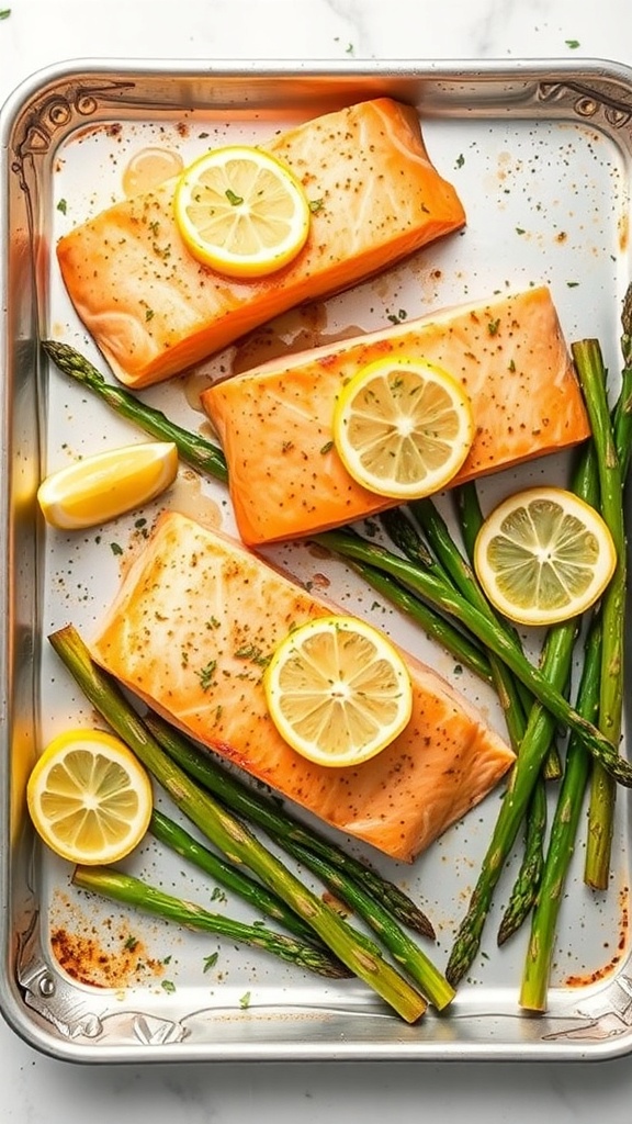 Sheet pan dinner featuring salmon fillets and asparagus with lemon slices