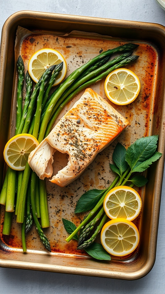 A sheet pan with salmon fillets and asparagus, garnished with lemon slices.