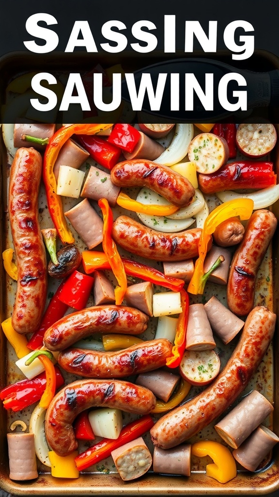 A delicious sheet pan meal featuring sausages and colorful peppers.