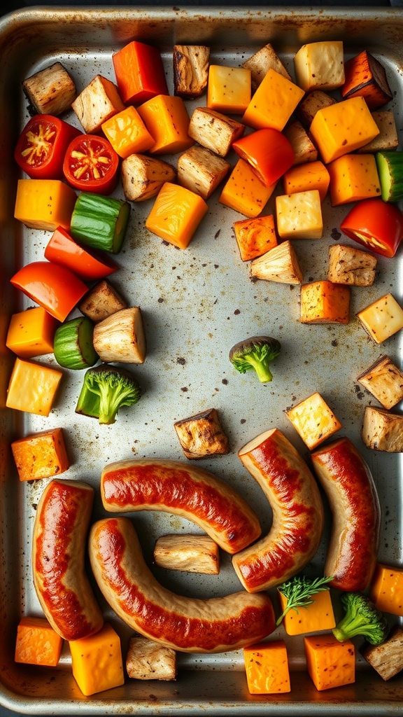A sheet pan filled with sausages and colorful roasted vegetables.