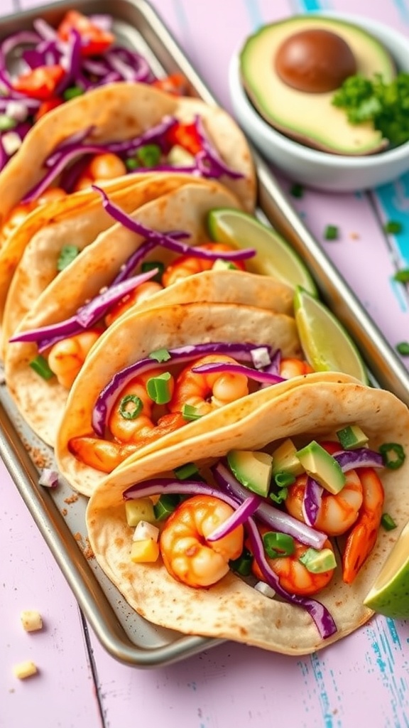 Sheet pan shrimp tacos with colorful toppings and lime wedges