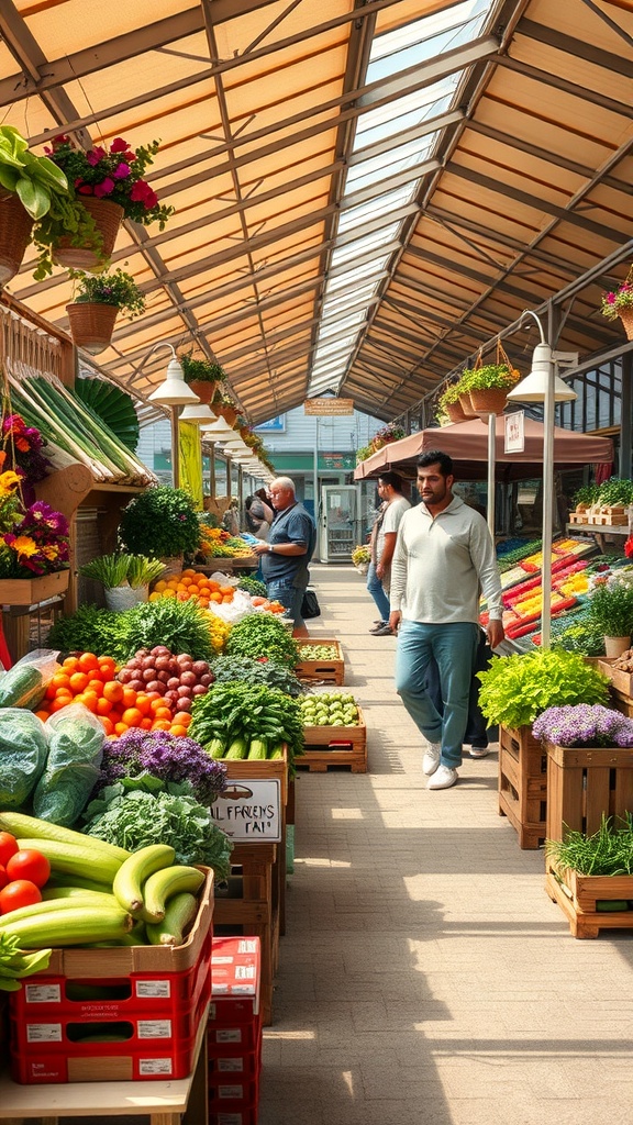 A vibrant farmers' market filled with fresh produce and flowers.