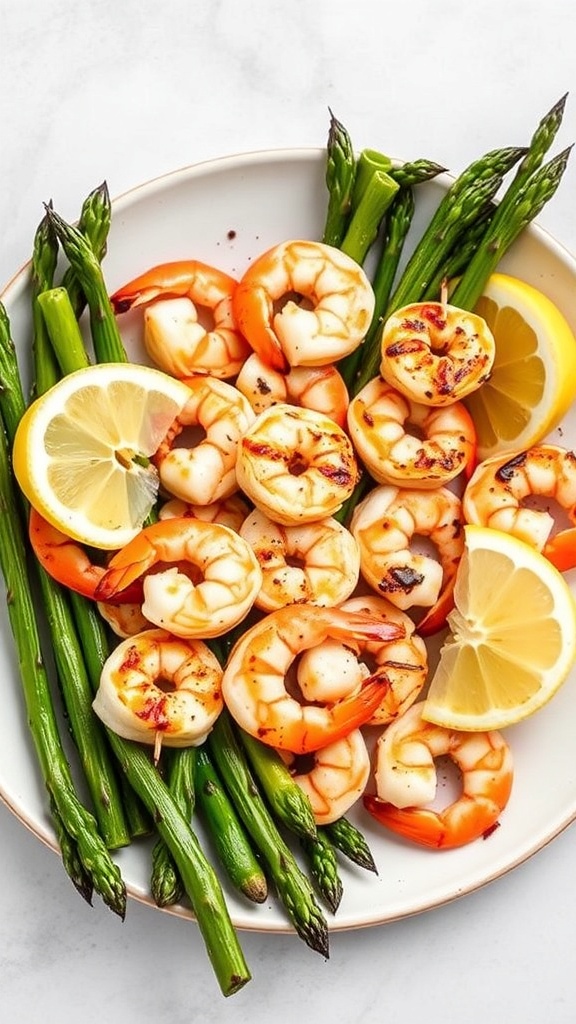 Shrimp and asparagus skewers on a plate with lemon slices